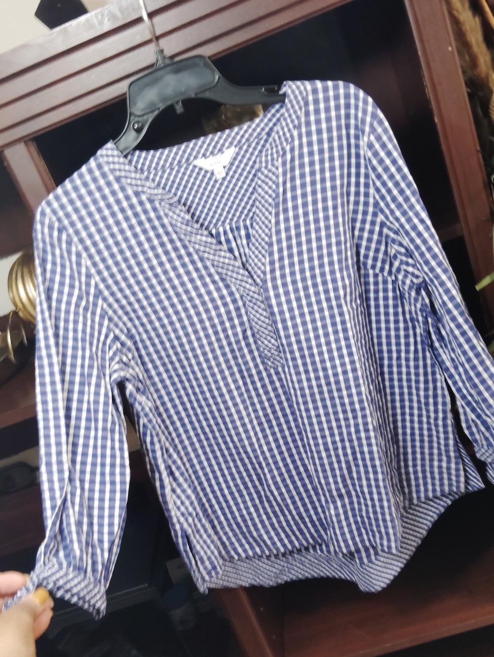 crown & ivy Blue and White Gingham V-Neck Blouse